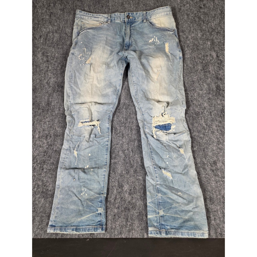 Mens Jeans 38x32 Light Wash Distressed Moto Ripped Denim Pants Smoke Rise